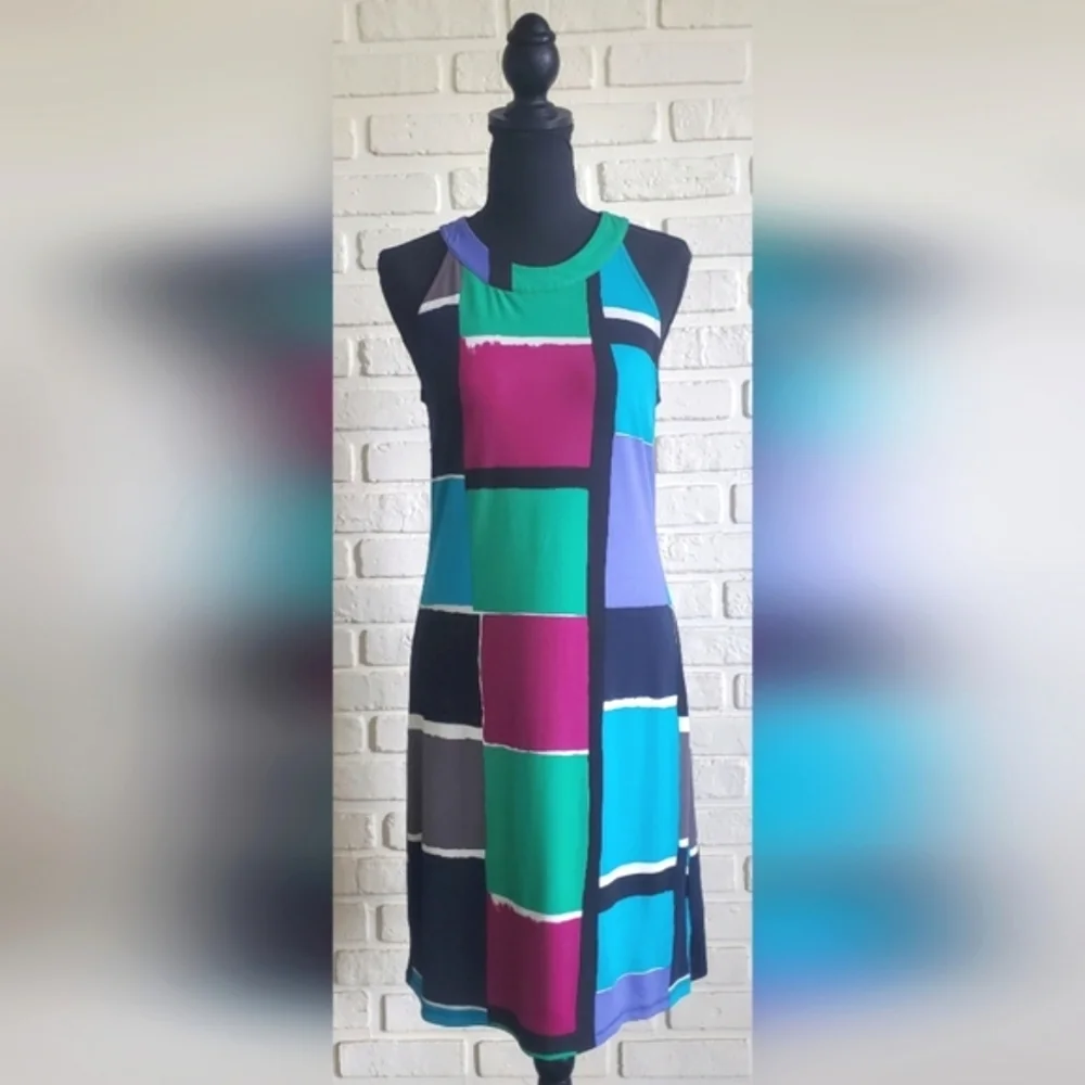 Ann Taylor Loft Dress Mod Colourblock Sleeveless Halter Retro Pop Art Small - Picture 2 of 11